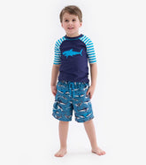 Boys Shark Stripes Short Sleeve Rashguard | Hatley Swimwear