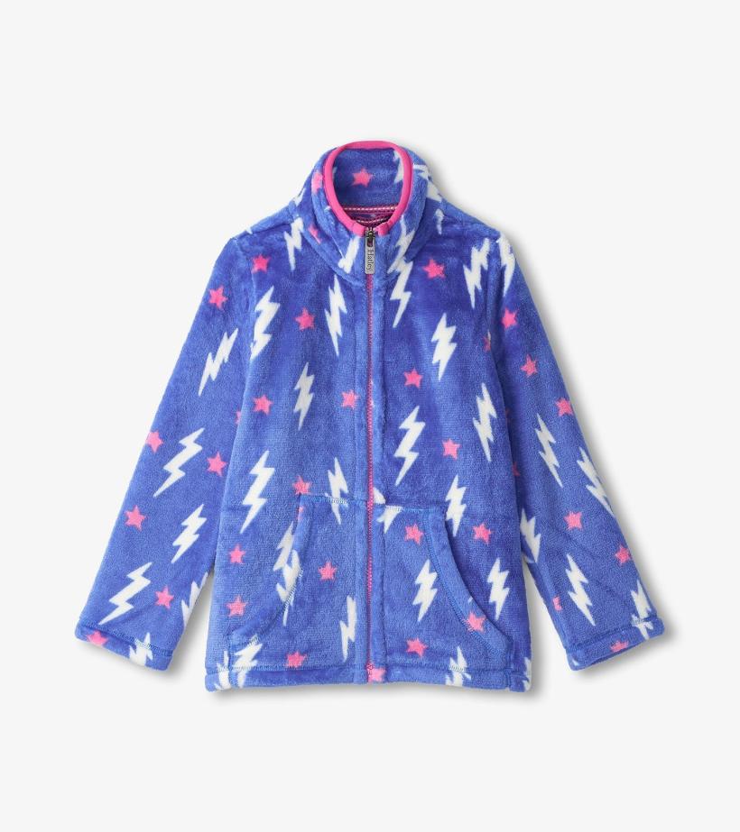 Girls Girls Lightning Bolts Fuzzy Fleece Zip-Up Jacket | Hatley Sweaters