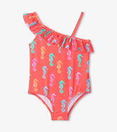 Girls Girls Painted Sea Horses Ruffle Trim Swimsuit | Hatley Swimwear