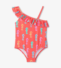 Girls Girls Painted Sea Horses Ruffle Trim Swimsuit | Hatley Swimwear
