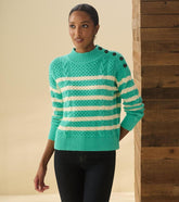 Women Button Neck Sweater - Turquoise Stripes | Hatley Sweaters