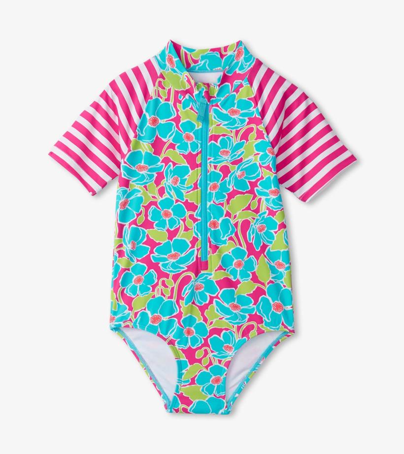 Girls Girls Floating Poppies One-Piece Rashguard | Hatley Swimwear
