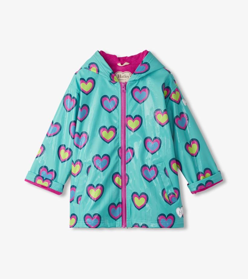 Girls Girls Hearts Colour Changing Zip-Up Rain Jacket | Hatley Rainwear
