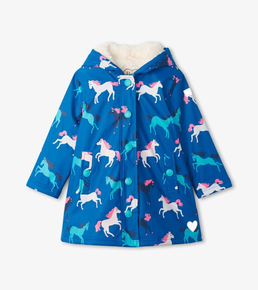 Girls Girls Prancing Horses Colour Changing Sherpa Lined Button-Up Rain Jack | Hatley Rainwear