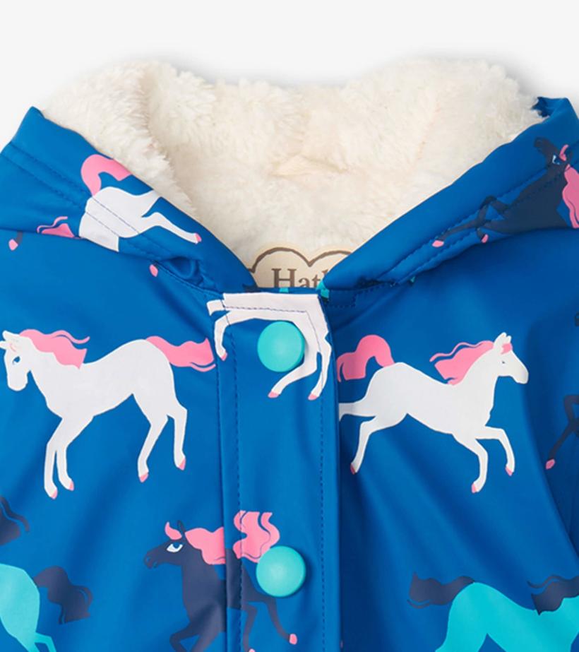 Girls Girls Prancing Horses Colour Changing Sherpa Lined Button-Up Rain Jack | Hatley Rainwear