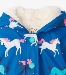 Girls Girls Prancing Horses Colour Changing Sherpa Lined Button-Up Rain Jack | Hatley Rainwear