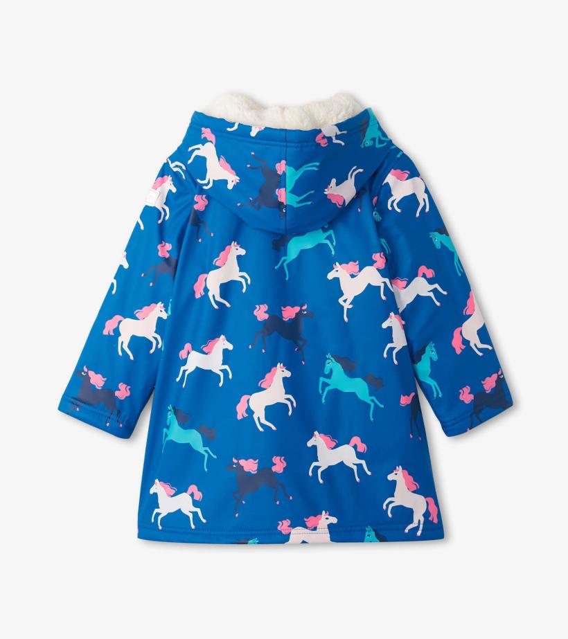 Girls Girls Prancing Horses Colour Changing Sherpa Lined Button-Up Rain Jack | Hatley Rainwear