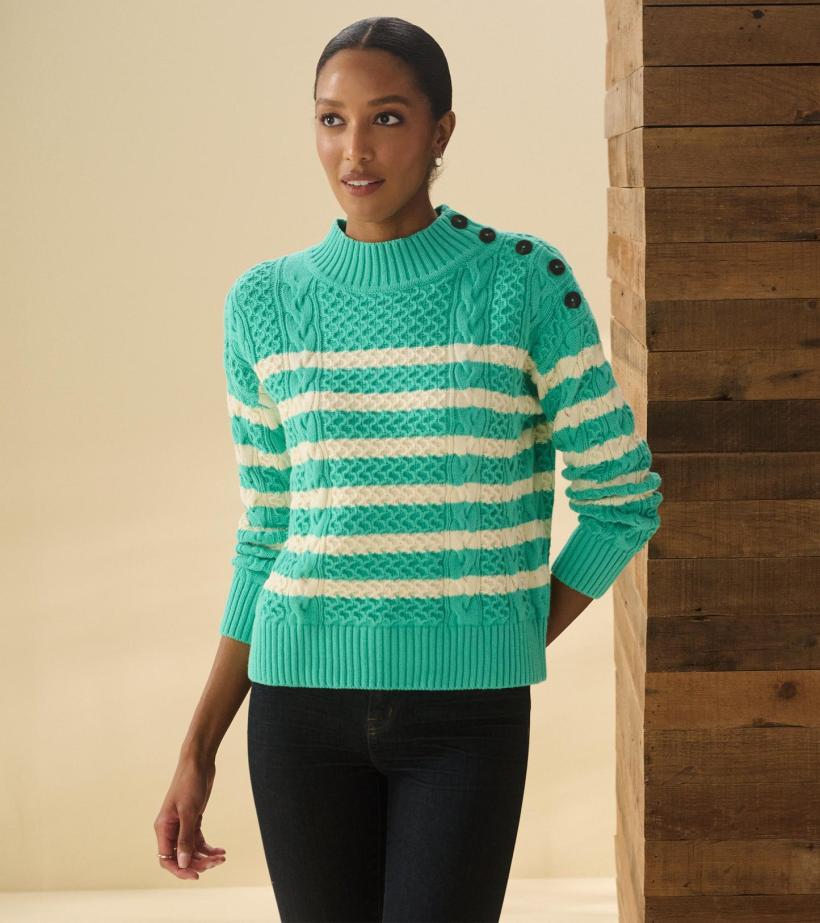 Women Button Neck Sweater - Turquoise Stripes | Hatley Sweaters