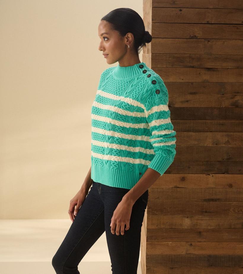 Women Button Neck Sweater - Turquoise Stripes | Hatley Sweaters