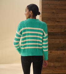 Women Button Neck Sweater - Turquoise Stripes | Hatley Sweaters