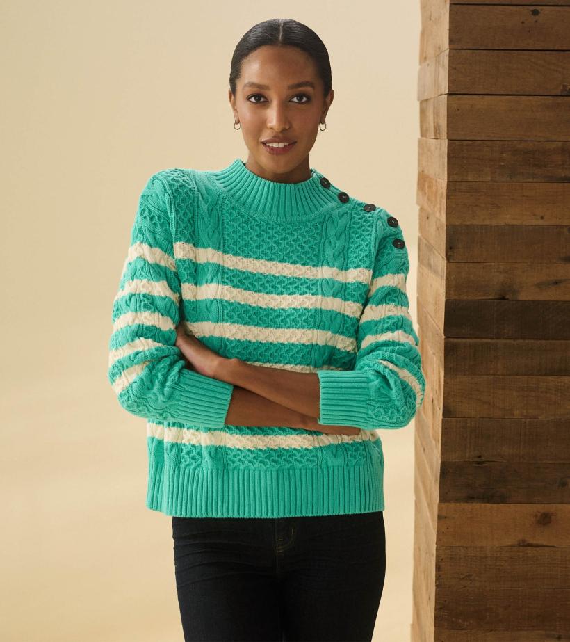 Women Button Neck Sweater - Turquoise Stripes | Hatley Sweaters