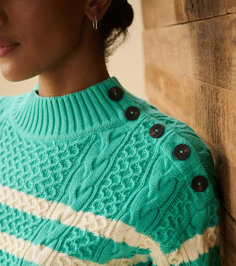 Women Button Neck Sweater - Turquoise Stripes | Hatley Sweaters