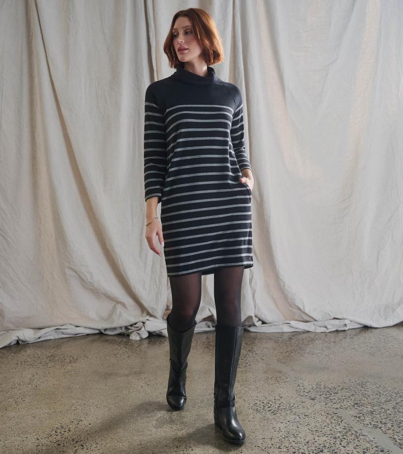 Women Draped Collar Dress - Caviar Stripe | Hatley Dresses