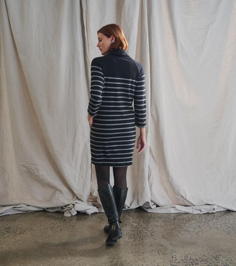 Women Draped Collar Dress - Caviar Stripe | Hatley Dresses