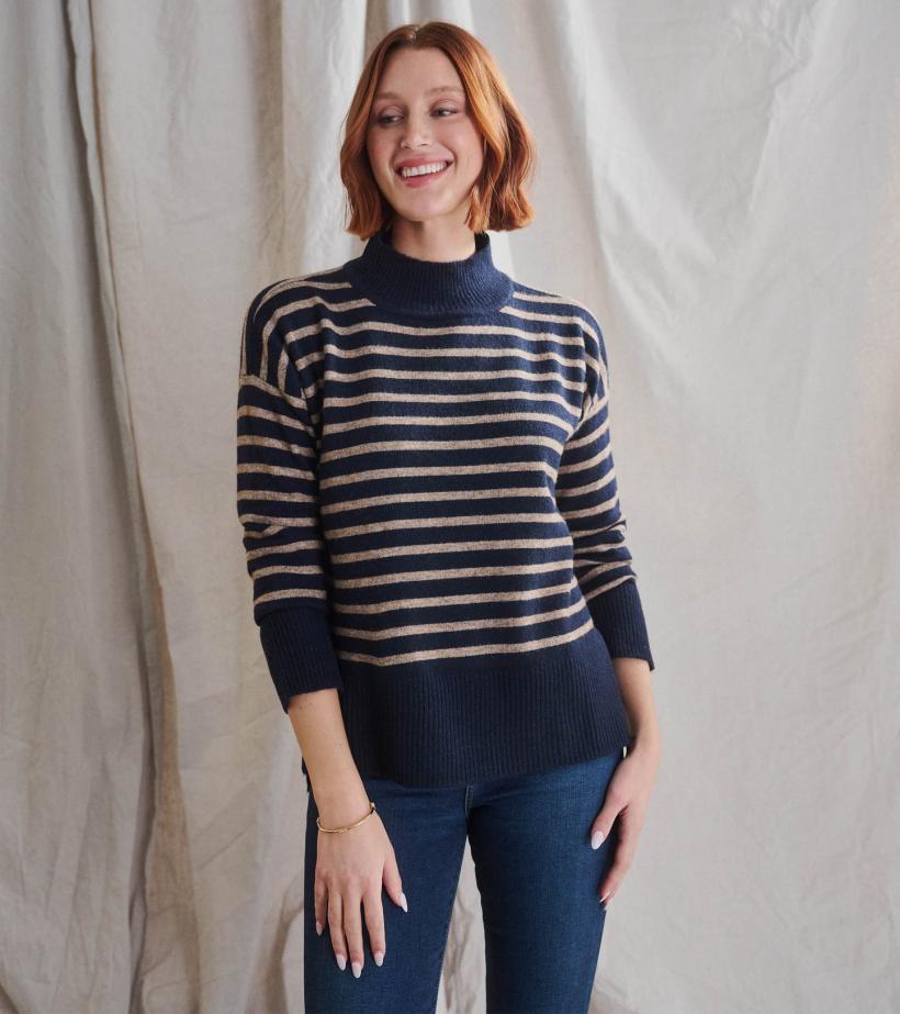 Women Mock Neck Tunic - Navy Taupe Stripes | Hatley Sweaters