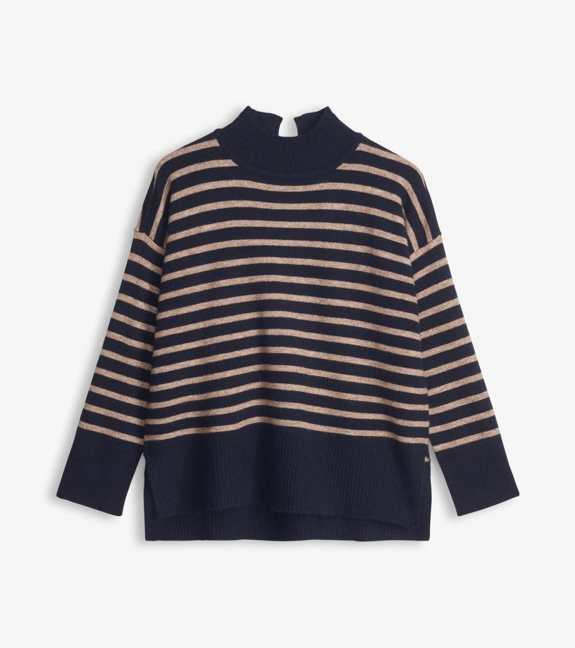 Women Mock Neck Tunic - Navy Taupe Stripes | Hatley Sweaters