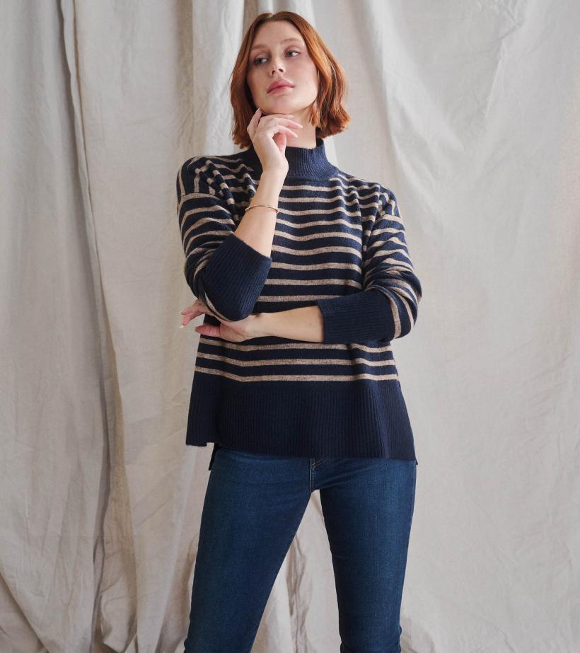 Women Mock Neck Tunic - Navy Taupe Stripes | Hatley Sweaters