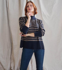 Women Mock Neck Tunic - Navy Taupe Stripes | Hatley Sweaters
