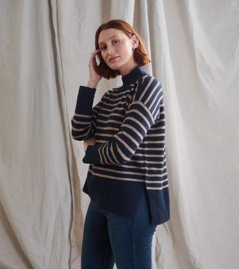 Women Mock Neck Tunic - Navy Taupe Stripes | Hatley Sweaters