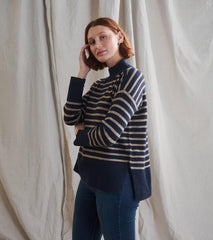 Women Mock Neck Tunic - Navy Taupe Stripes | Hatley Sweaters