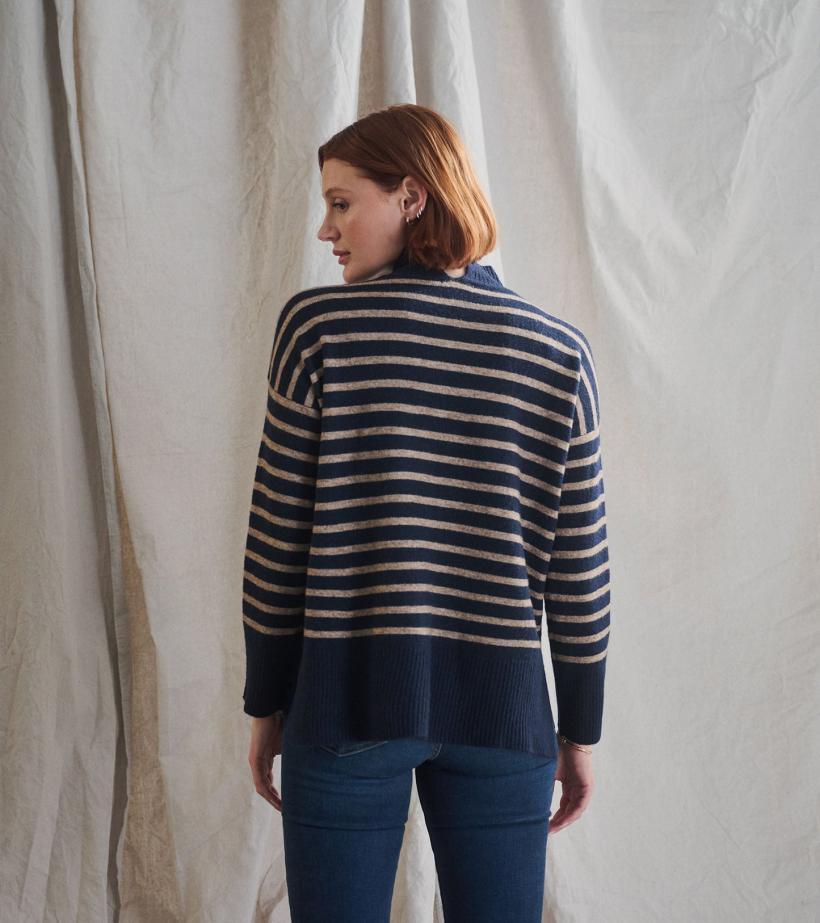 Women Mock Neck Tunic - Navy Taupe Stripes | Hatley Sweaters