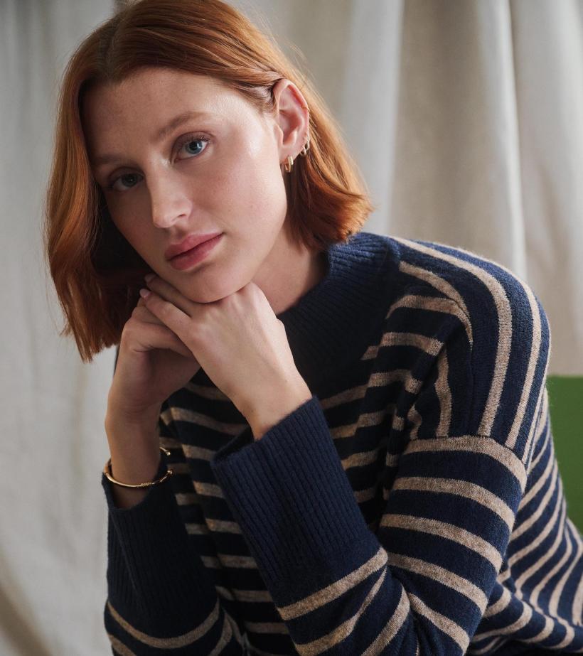 Women Mock Neck Tunic - Navy Taupe Stripes | Hatley Sweaters
