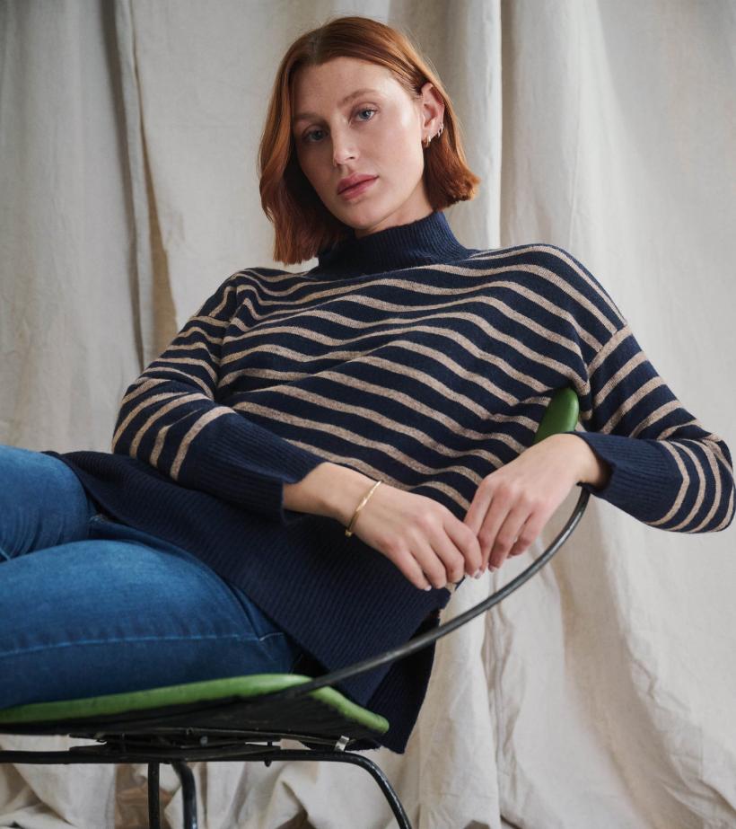 Women Mock Neck Tunic - Navy Taupe Stripes | Hatley Sweaters