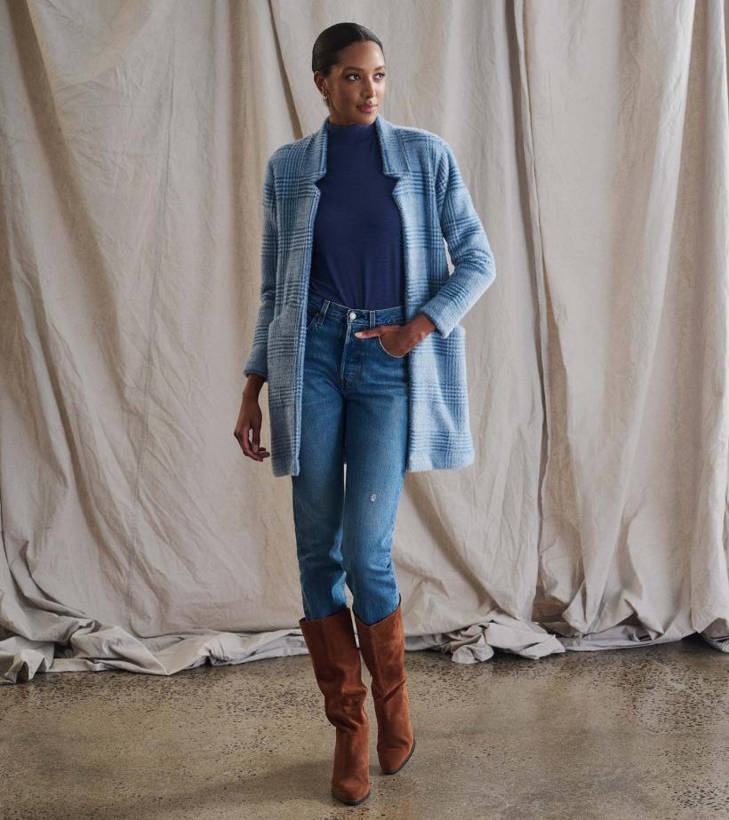 Women Open Front Jacket - Blue Check | Hatley Tops